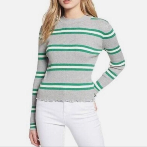BP. Ribbed Lettuce Edge Long Sleeve Striped Sweater Green Gray Size Large L - Picture 1 of 10